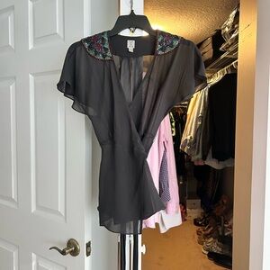 Tristan Black Sheer Blouse with Colorful Embroidery